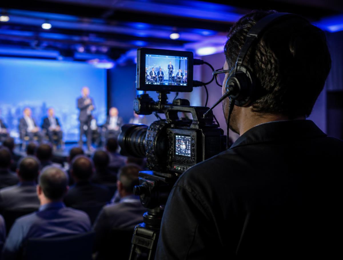 Profissional realizando cobertura em vídeo de evento corporativo