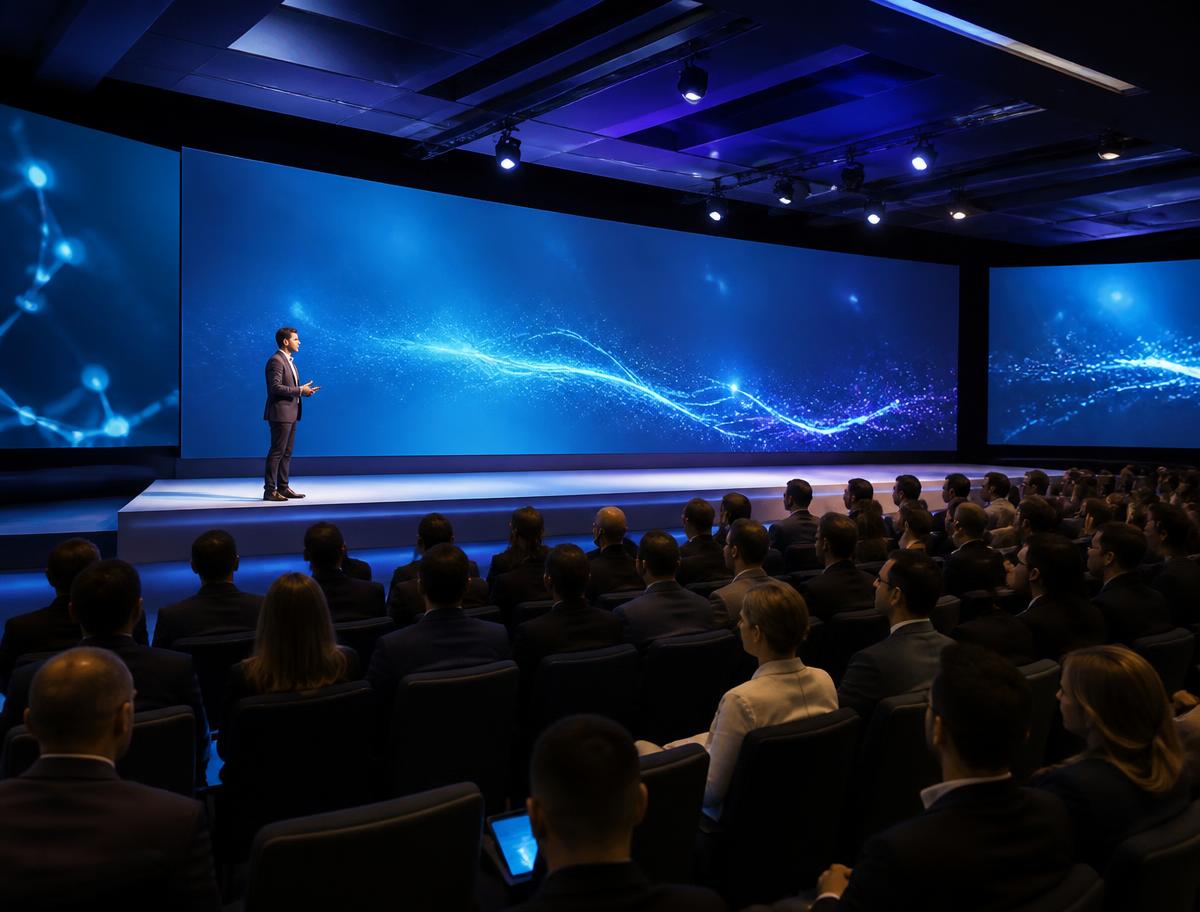 Apresentação corporativa com projeção panorâmica